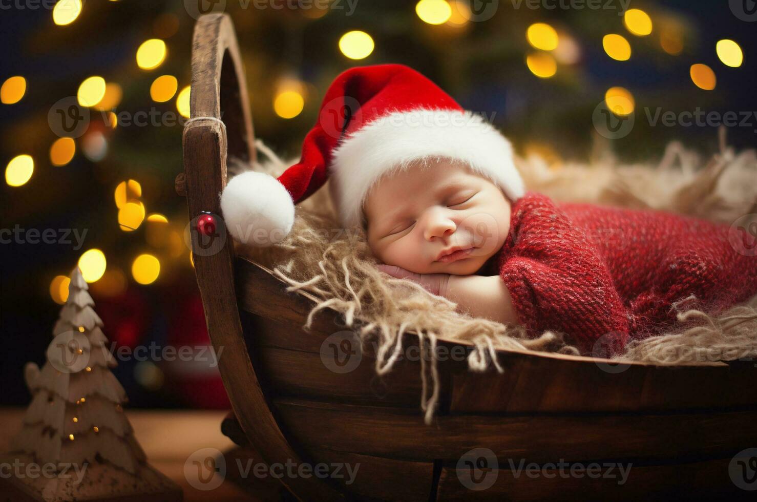 Neugeborene im ein Wiege in der Nähe von ein Weihnachten Baum. Baby es ist ein Weihnachten gegenwärtig. generativ ai foto