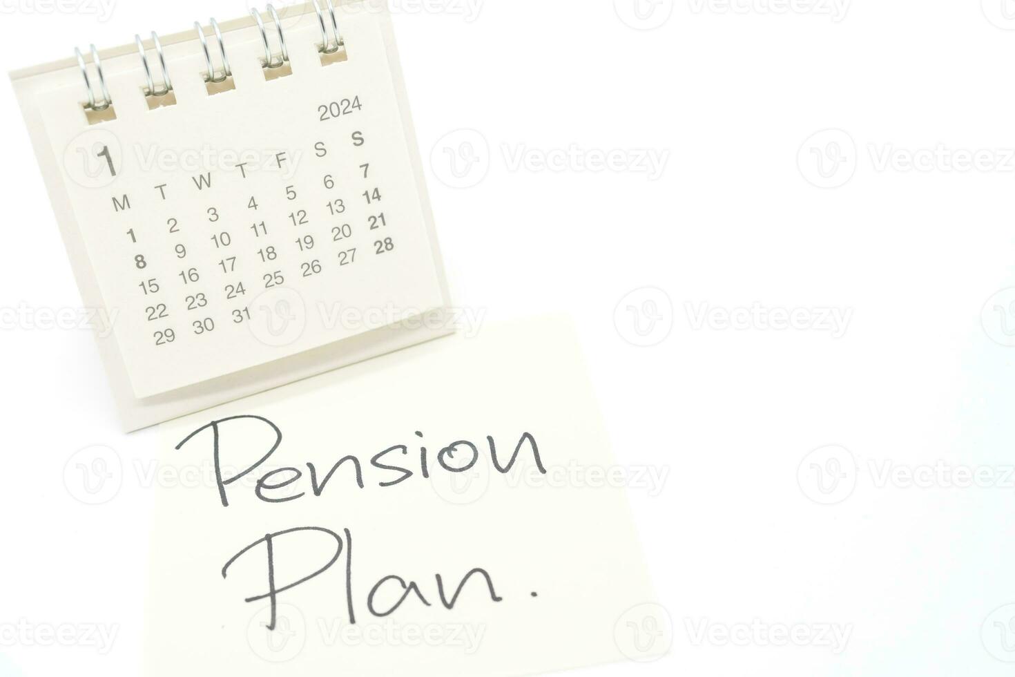 Start jan 2024 Schreibtisch Kalender. Ziele, die Pension planen, Geld sparen, Pensionierung Fonds, die Pension, Investition und finanziell Konzept. Konzept zum Pensionierung oder Ersparnisse. foto