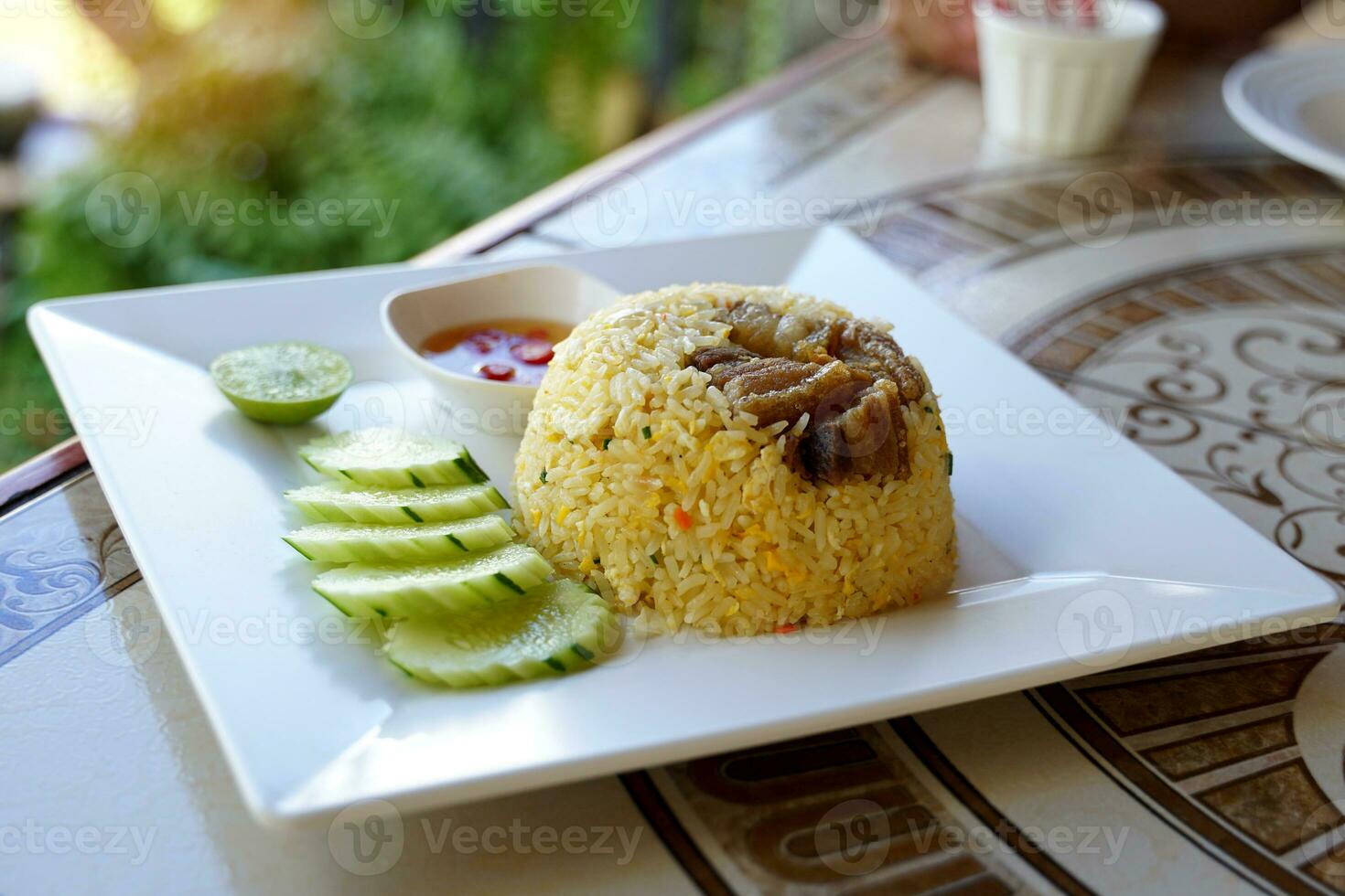 knusprig Schweinefleisch gebraten Reis ist ein thailändisch Essen gemacht durch braten gedämpft Reis mit Fleisch und verschiedene Gewürze zu erstellen ein aromatisch schmecken. es ist genannt nach das Art von Fleisch Das ist hinzugefügt. foto