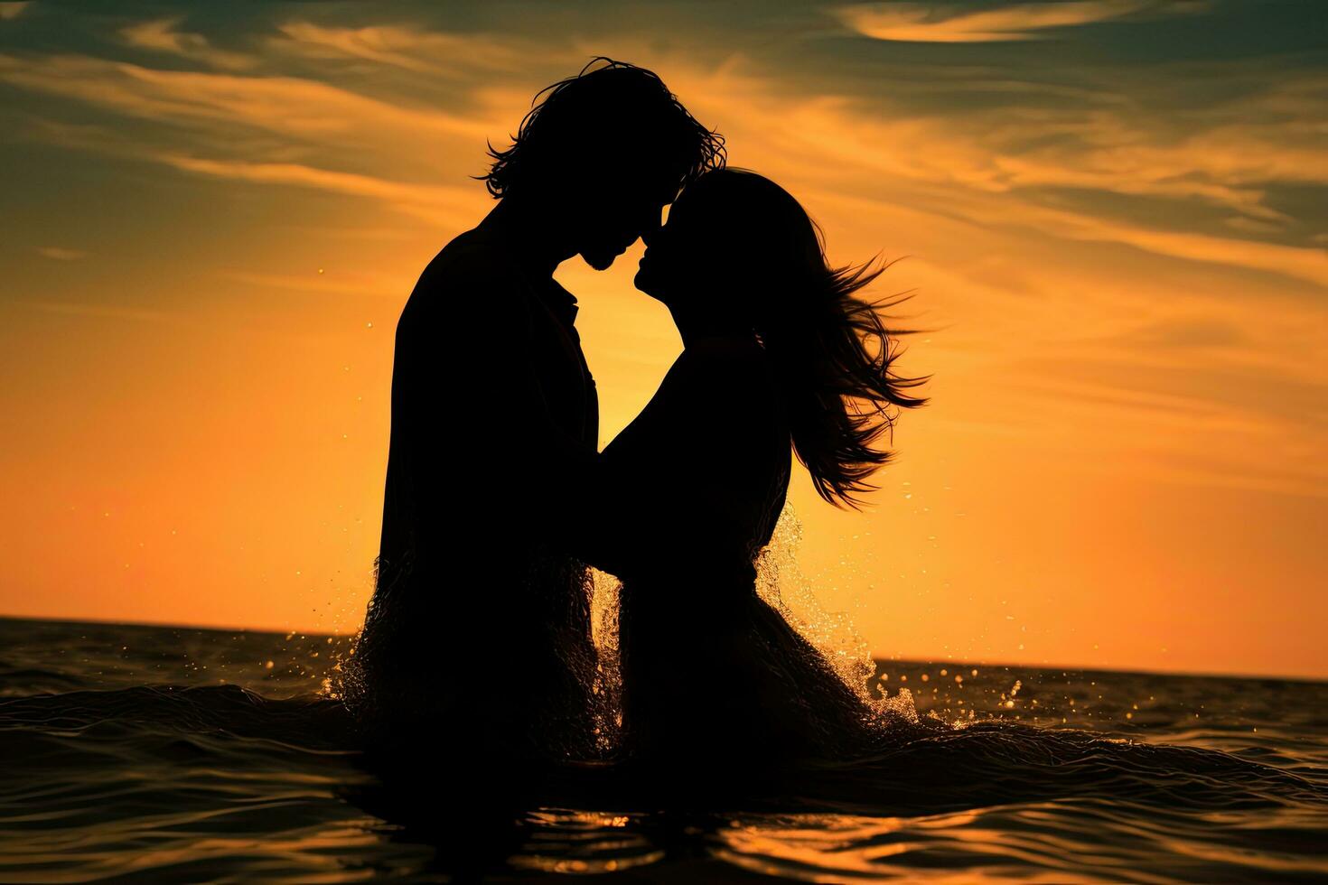 Silhouette von ein liebend Paar im das Meer beim Sonnenuntergang, Silhouette Paar im Liebe taucht auf von das Ozean Sommer- Gefühl, ai generiert foto