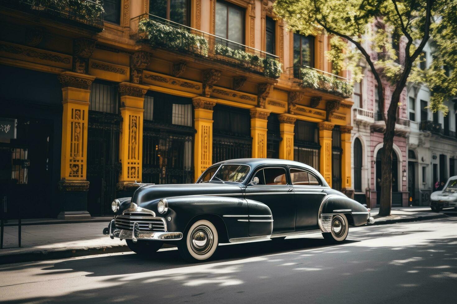 Jahrgang Auto auf das Straßen von das alt Stadt von Havanna, Kuba, Seite Aussicht von Jahrgang Auto geparkt auf Straße, ai generiert foto