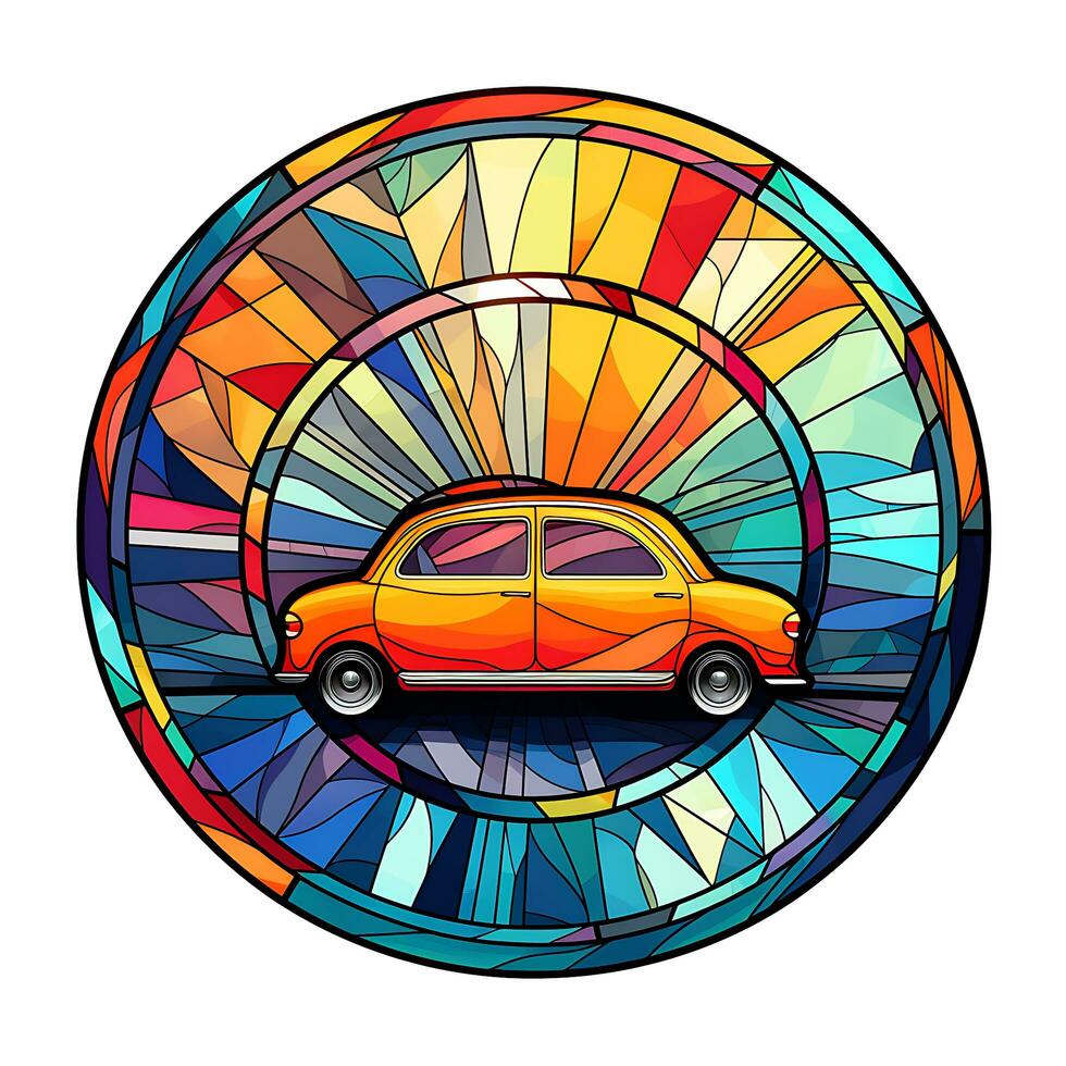 ein Aussicht von ein Auto im ein Kreis von bunt befleckt Glas Illustration Design foto