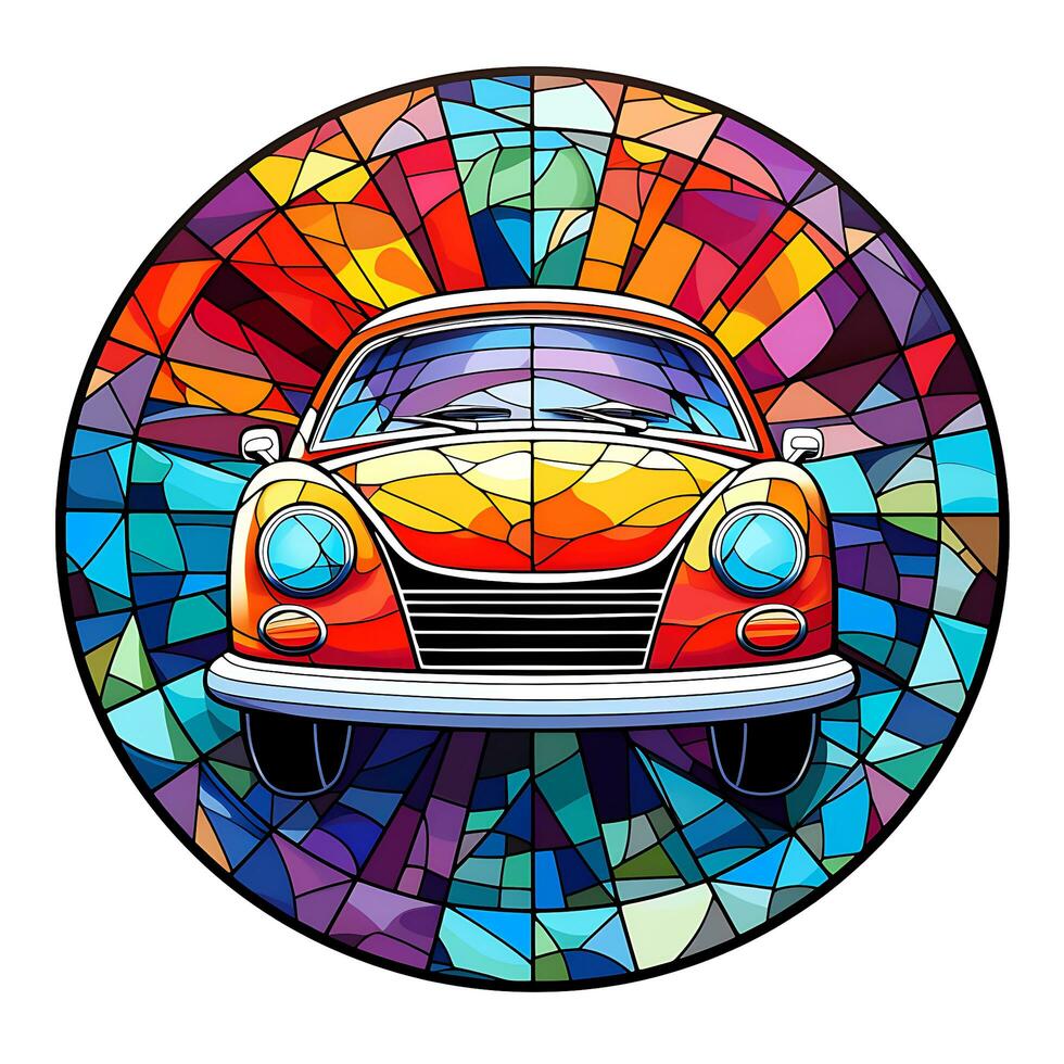 ein Aussicht von ein Auto im ein Kreis von bunt befleckt Glas Illustration Design foto