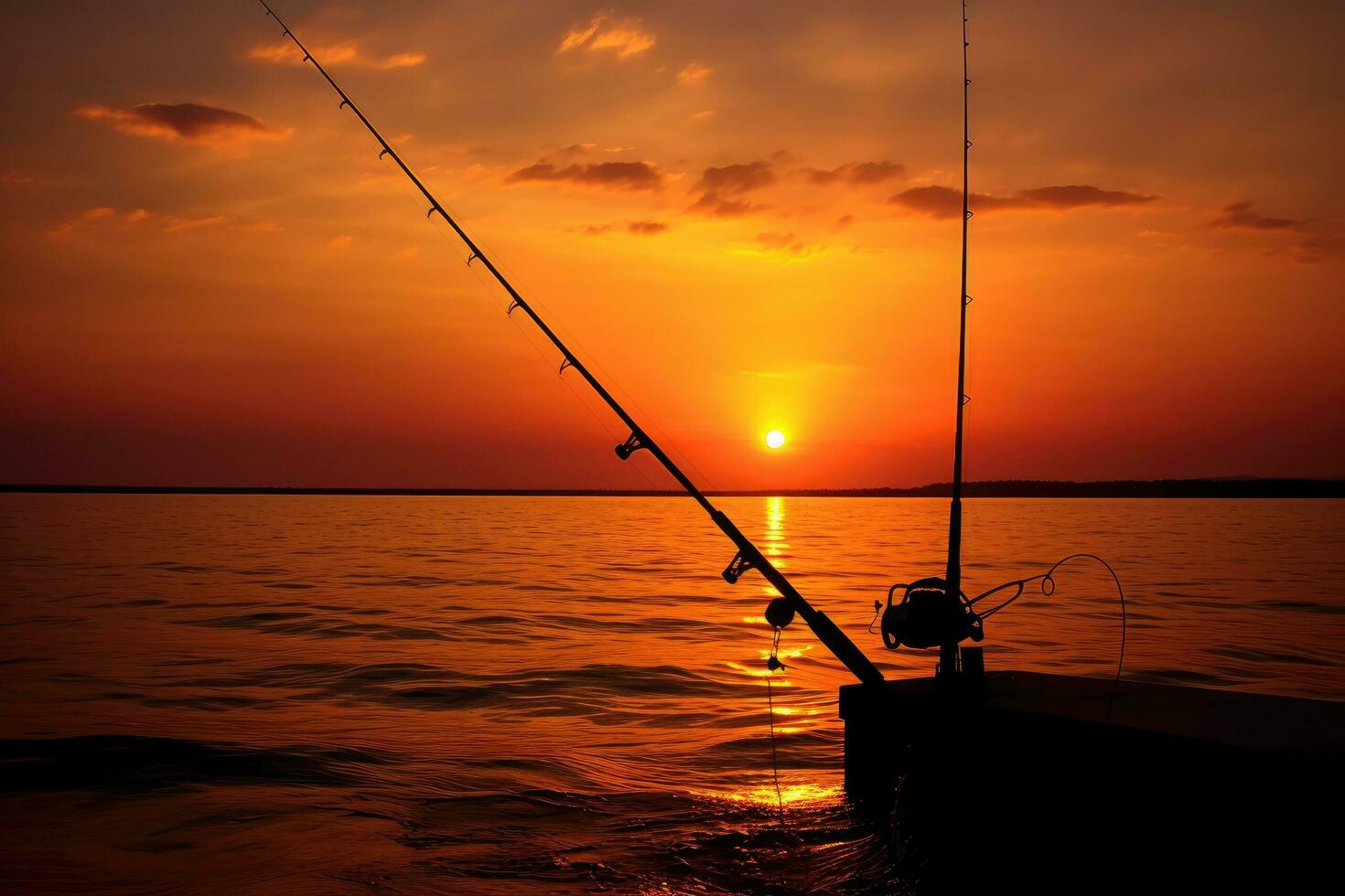 Angeln Stangen auf das Hintergrund von ein schön Sonnenuntergang im das Meer, Silhouette von ein Nieder Takelwerk Angeln Stange beim Sonnenuntergang, ai generiert foto