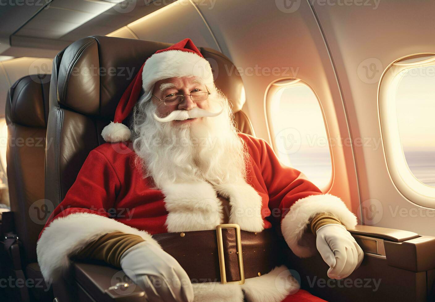 ai generiert Santa claus Sitzung im ein Flugzeug Stuhl fliegend zum das Weihnachten Ferien foto