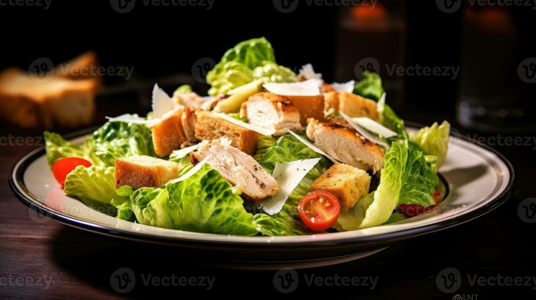 Caesar Salat mit Hähnchen und Croutons auf ein hölzern Tisch. ai generativ foto
