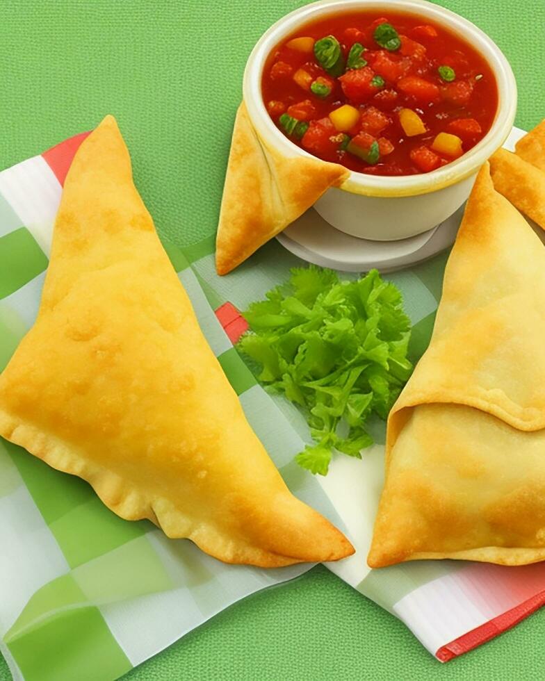 ai generiert köstlich Hähnchen Samosa mit Grün Chili SOS und trocken Chili SOS kostenlos Foto