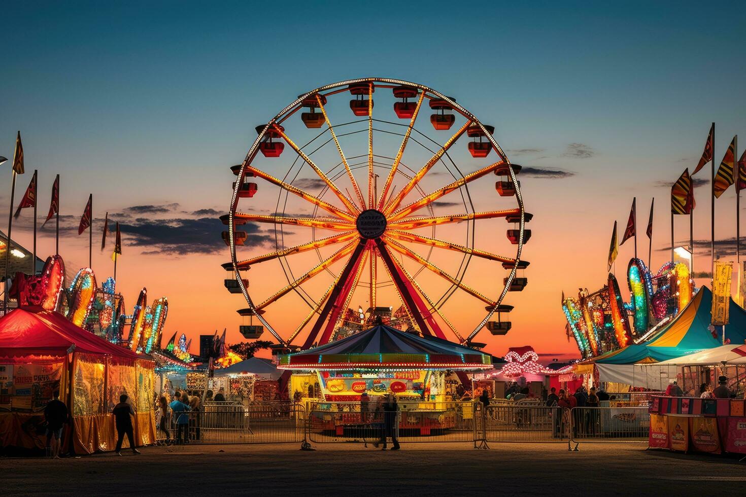 unbekannt Menschen Besuch das Santa Monica Messe beim Sonnenuntergang. das Santa Monica Messe ist einer von das größten draussen Veranstaltungen im das Welt, Zustand Messe Karneval auf halbem Weg Spiele Fahrten Ferris Rad, ai generiert foto