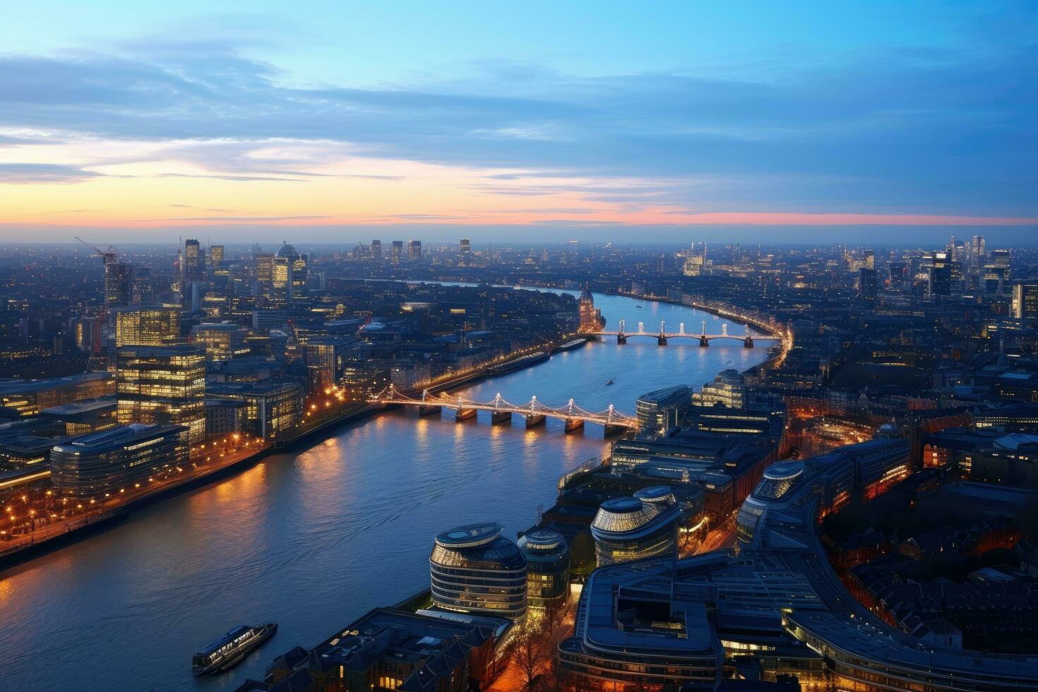 Antenne Aussicht von London beim Sonnenuntergang, vereinigt Königreich. Stadtbild, Panorama- Aussicht auf London und Themse beim Dämmerung, von Turm Braut, ai generiert foto