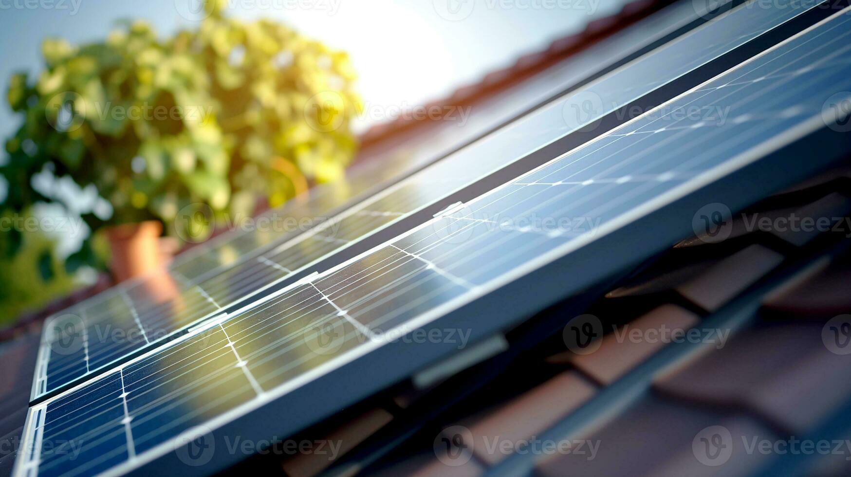 schließen oben von Dach modern Haus mit Solar- Panel Zelle. ländlich Gehäuse Das Verwendet Solar- Tafel. Konzept von Alternative Energie und Leistung nachhaltig Ressourcen. generativ ai foto