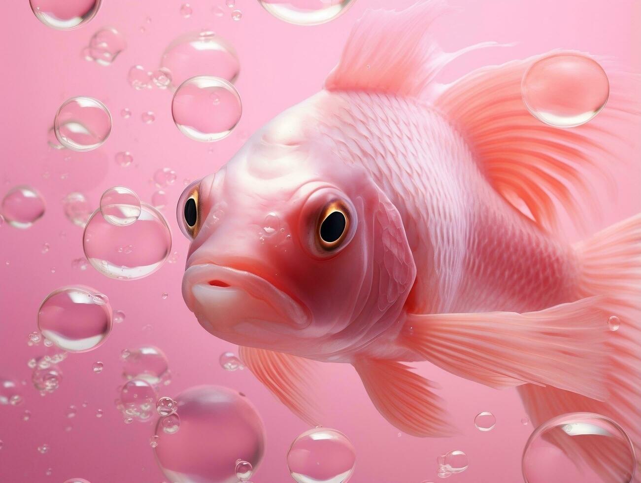 schön Rosa Fisch Schwimmen mit Luftblasen von ein Rosa Hintergrund ai generativ foto