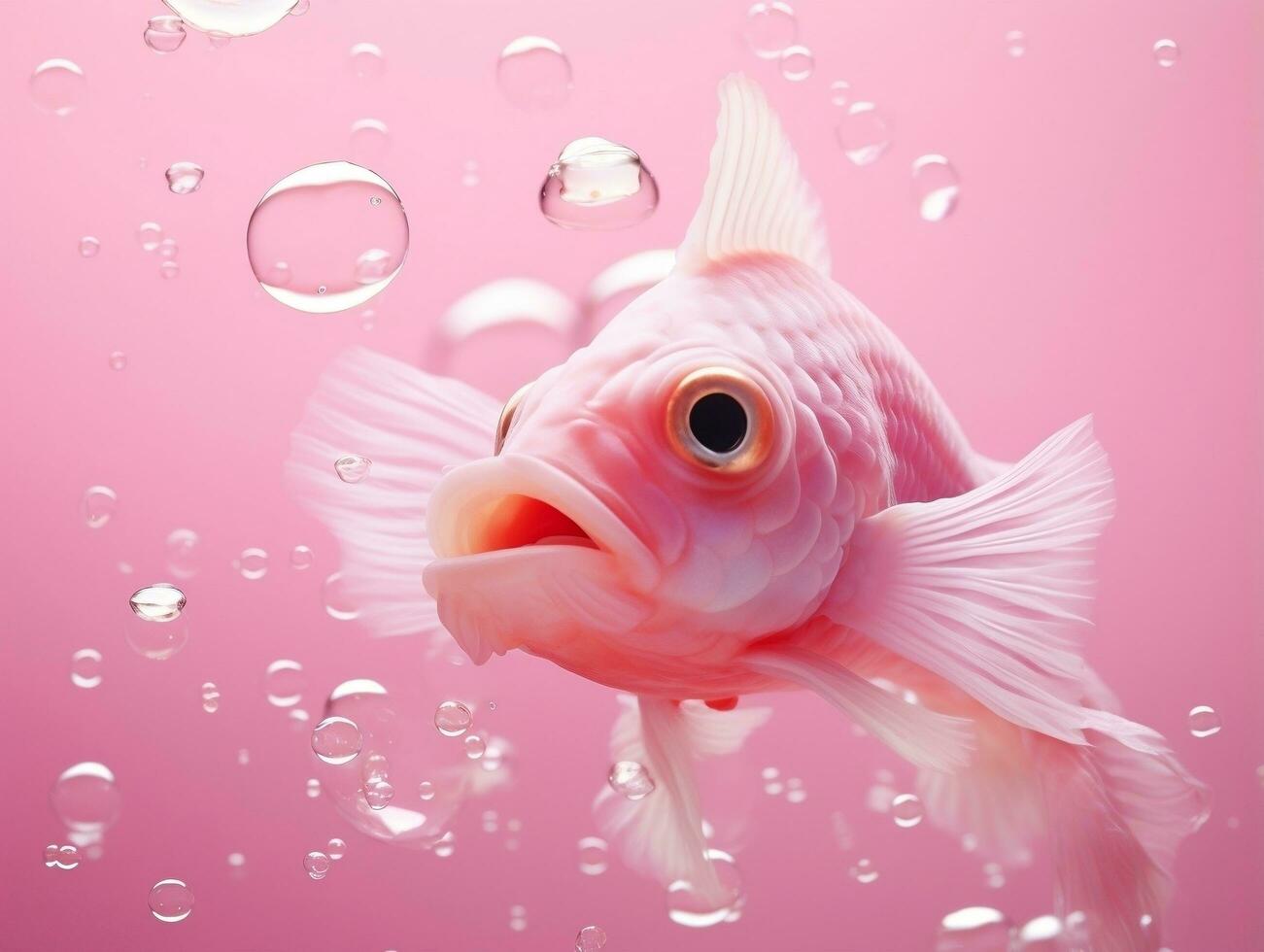 schön Rosa Fisch Schwimmen mit Luftblasen von ein Rosa Hintergrund ai generativ foto