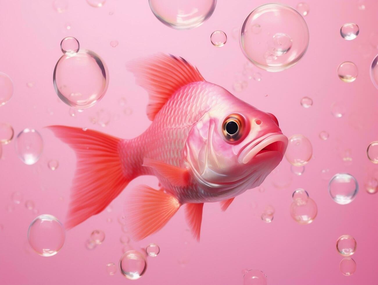 schön Rosa Fisch Schwimmen mit Luftblasen von ein Rosa Hintergrund ai generativ foto