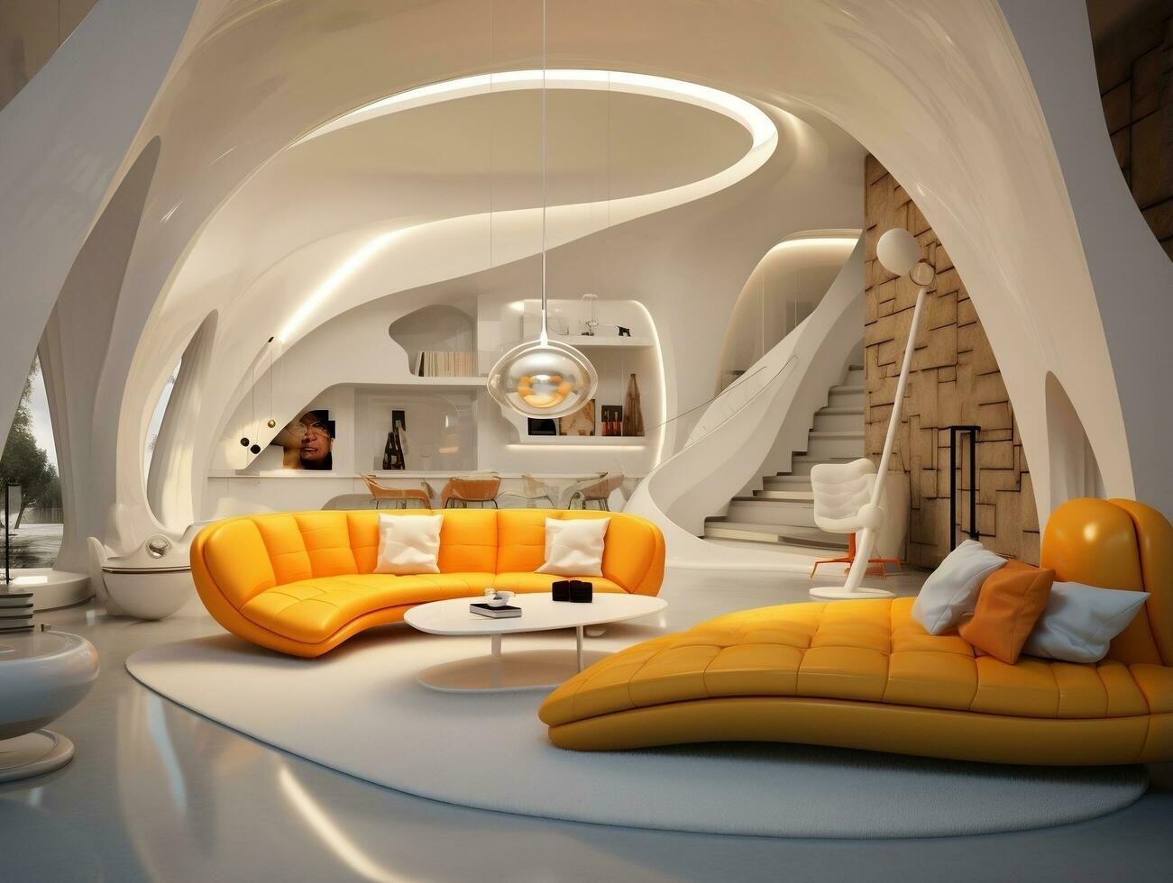 hoch Decken Innerhalb futuristisch retro Leben Zimmer mit Gelb und Weiß Möbel ai generativ foto
