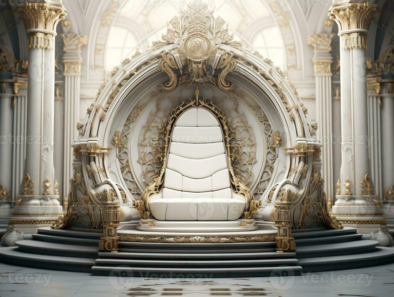 uralt 3d golden Thron auf ein Weiß Fußboden ai generativ foto