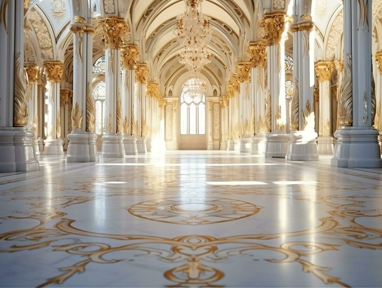 luxuriös Weiß Marmor Fußboden von ein Palast mit schön Gold Ornamente ai generativ foto