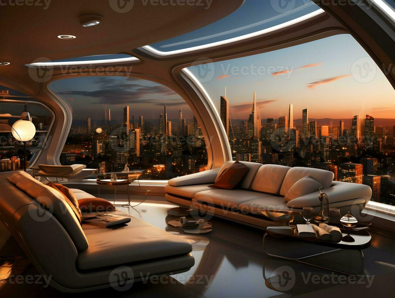 ai generiert futuristisch Horizont Zuhause Dekor mit Fußboden zu Decke Fenster und Stadtbild Ansichten ai generativ foto