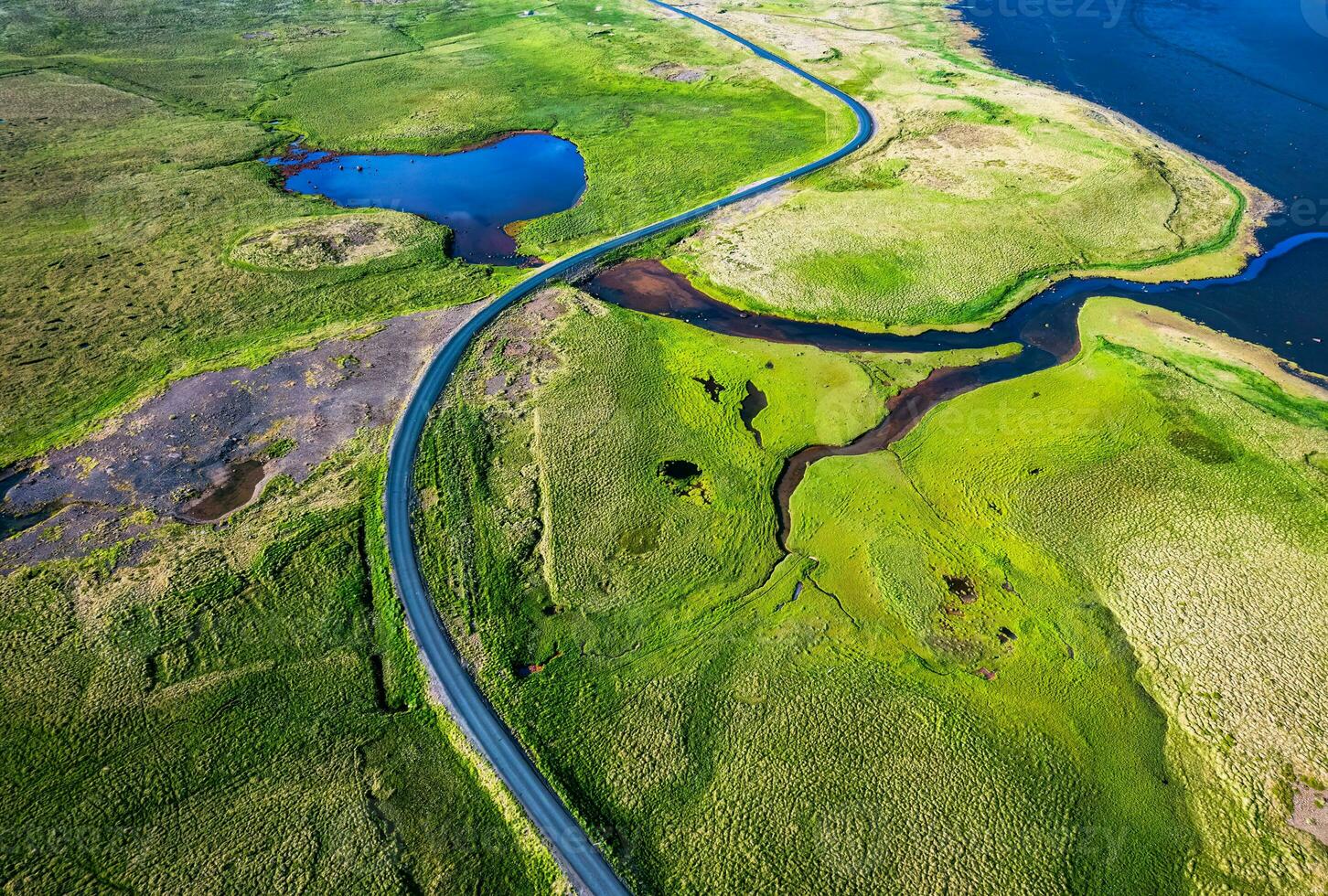 Autobahn Straße durch moosig Fernbedienung Wildnis durch Küste im Sommer- foto