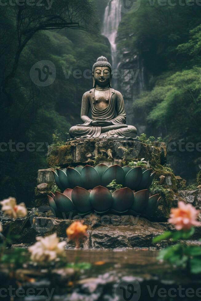 generativ ai, Buddha Statue im das Berge, mit Lotus Blumen, natürlich Beleuchtung, natürlich Umgebung foto