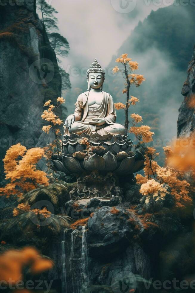 generativ ai, Buddha Statue im das Berge, mit Lotus Blumen, natürlich Beleuchtung, natürlich Umgebung foto