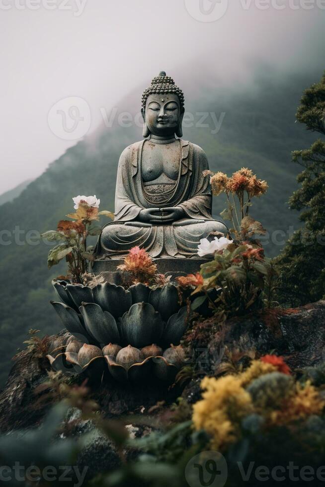 generativ ai, Buddha Statue im das Berge, mit Lotus Blumen, natürlich Beleuchtung, natürlich Umgebung foto