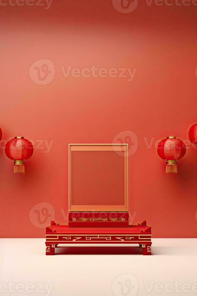 generativ ai, rot Podium mit Laterne Chinesisch Neu Jahr und Geschenk Box Produkt Stand Podium Hintergrund Sockel 3d foto