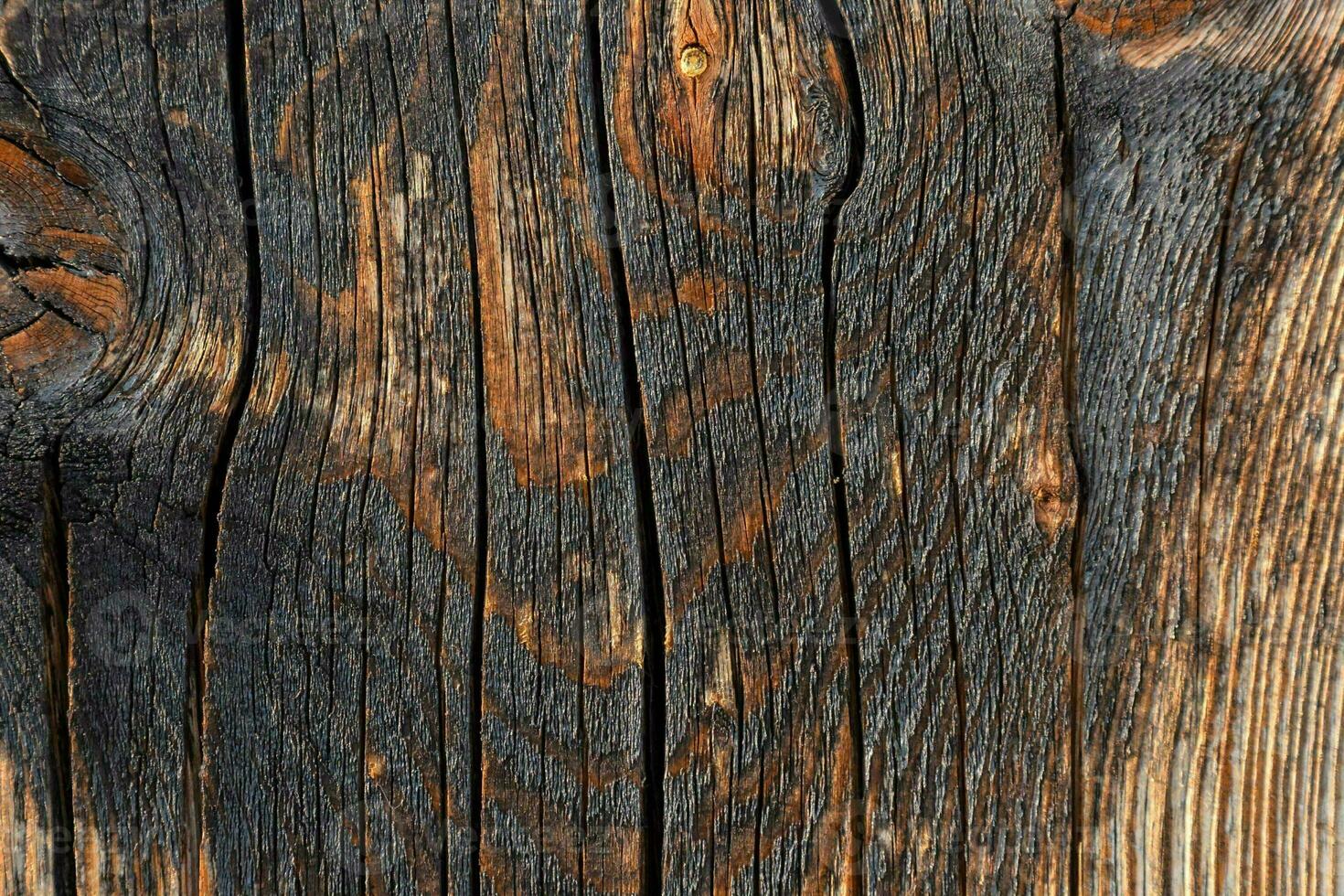 ein schließen oben von ein Holz Planke mit ein dunkel beflecken foto