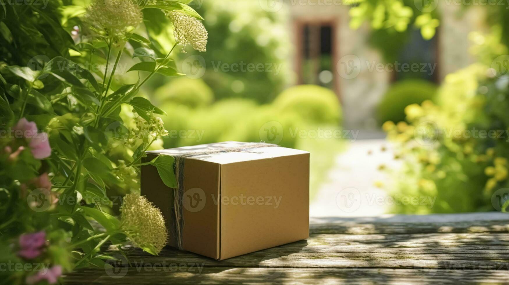Post- Service, Zuhause Lieferung und online Einkaufen, Paket Box auf ein Haus Haustür im das Landschaft, generativ ai foto