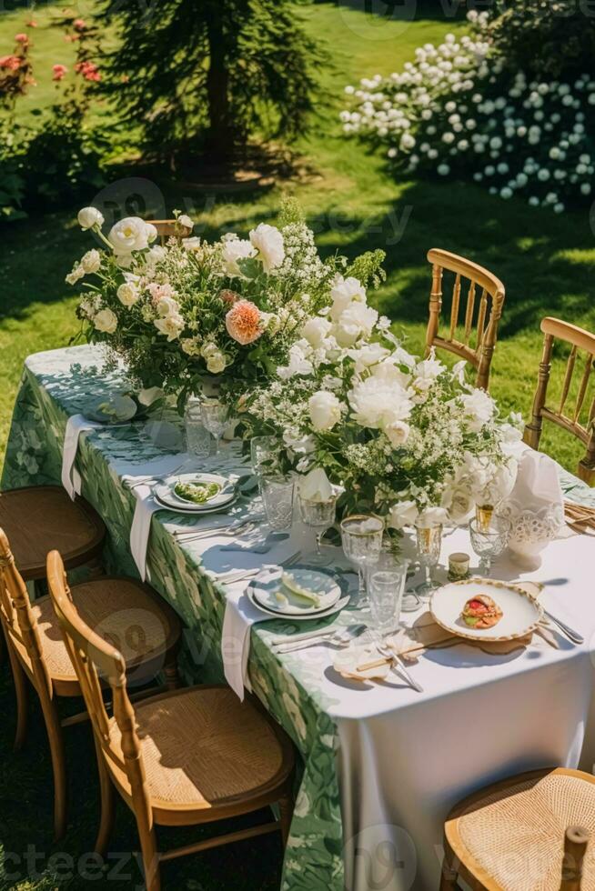 Land Tischlandschaft, formal Abendessen Tabelle Einstellung, Tabelle scape mit Erdbeere Dekoration zum Hochzeit Party und Urlaub Veranstaltung Feier, generativ ai foto