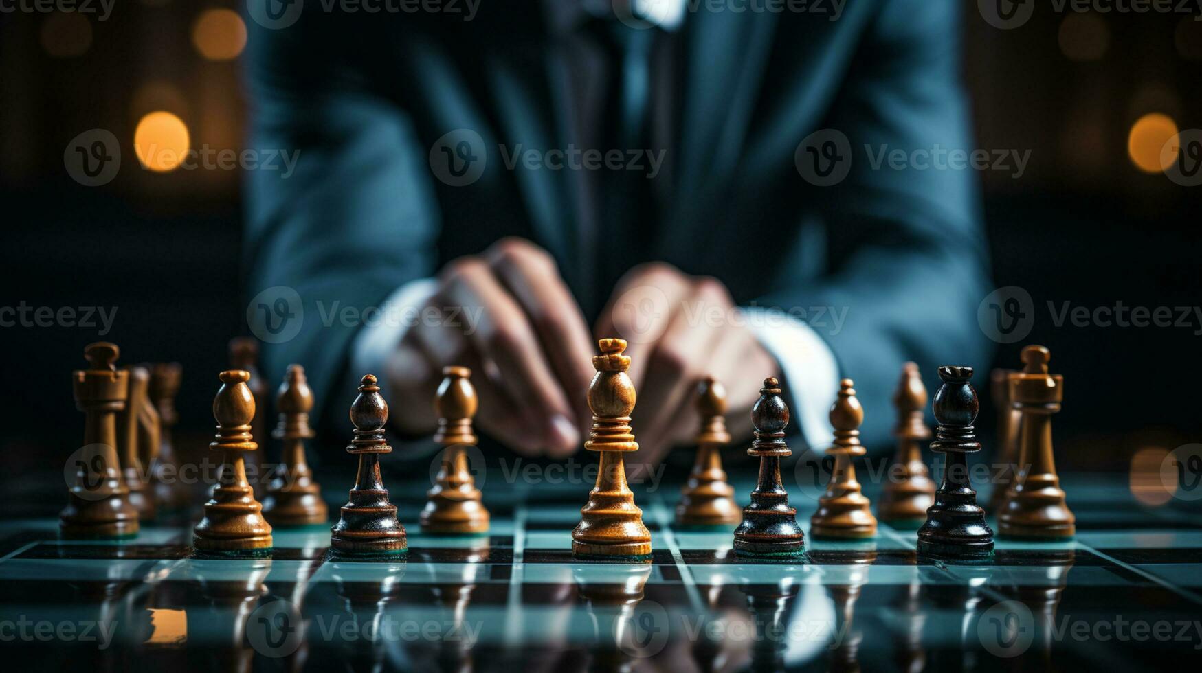 Geschäftsmann Steuerung Schach Spiel Konzept zum Ideen Geschäft Strategie Management, Entwicklung Neu Strategie planen, Führer und Zusammenarbeit, Planung zum Wettbewerb, ai generativ foto