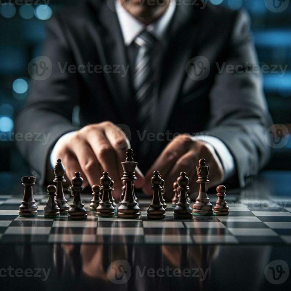 Geschäftsmann Steuerung Schach Spiel Konzept zum Ideen Geschäft Strategie Management, Entwicklung Neu Strategie planen, Führer und Zusammenarbeit, Planung zum Wettbewerb, ai generativ foto