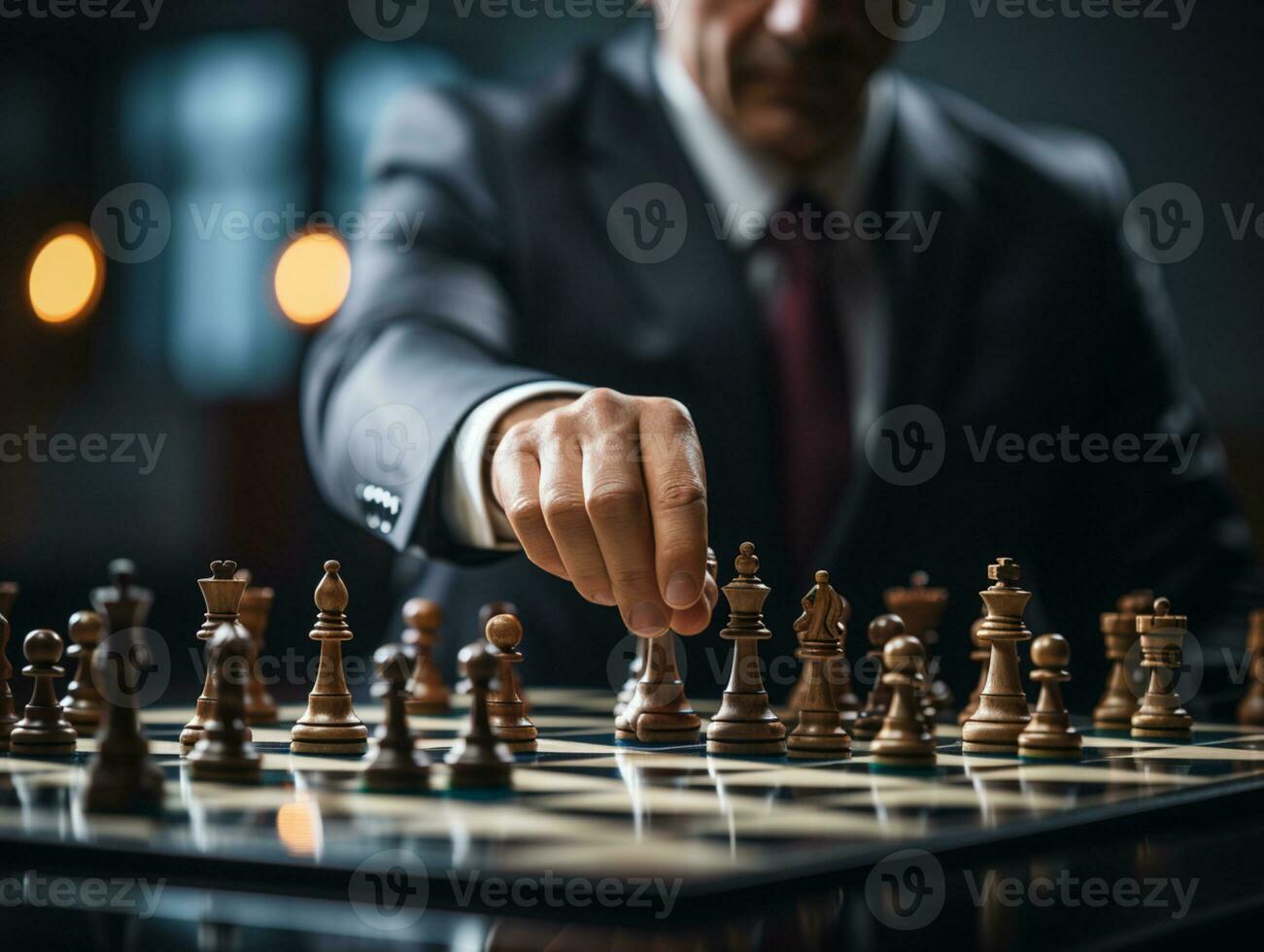 Geschäftsmann Steuerung Schach Spiel Konzept zum Ideen Geschäft Strategie Management, Entwicklung Neu Strategie planen, Führer und Zusammenarbeit, Planung zum Wettbewerb, ai generativ foto