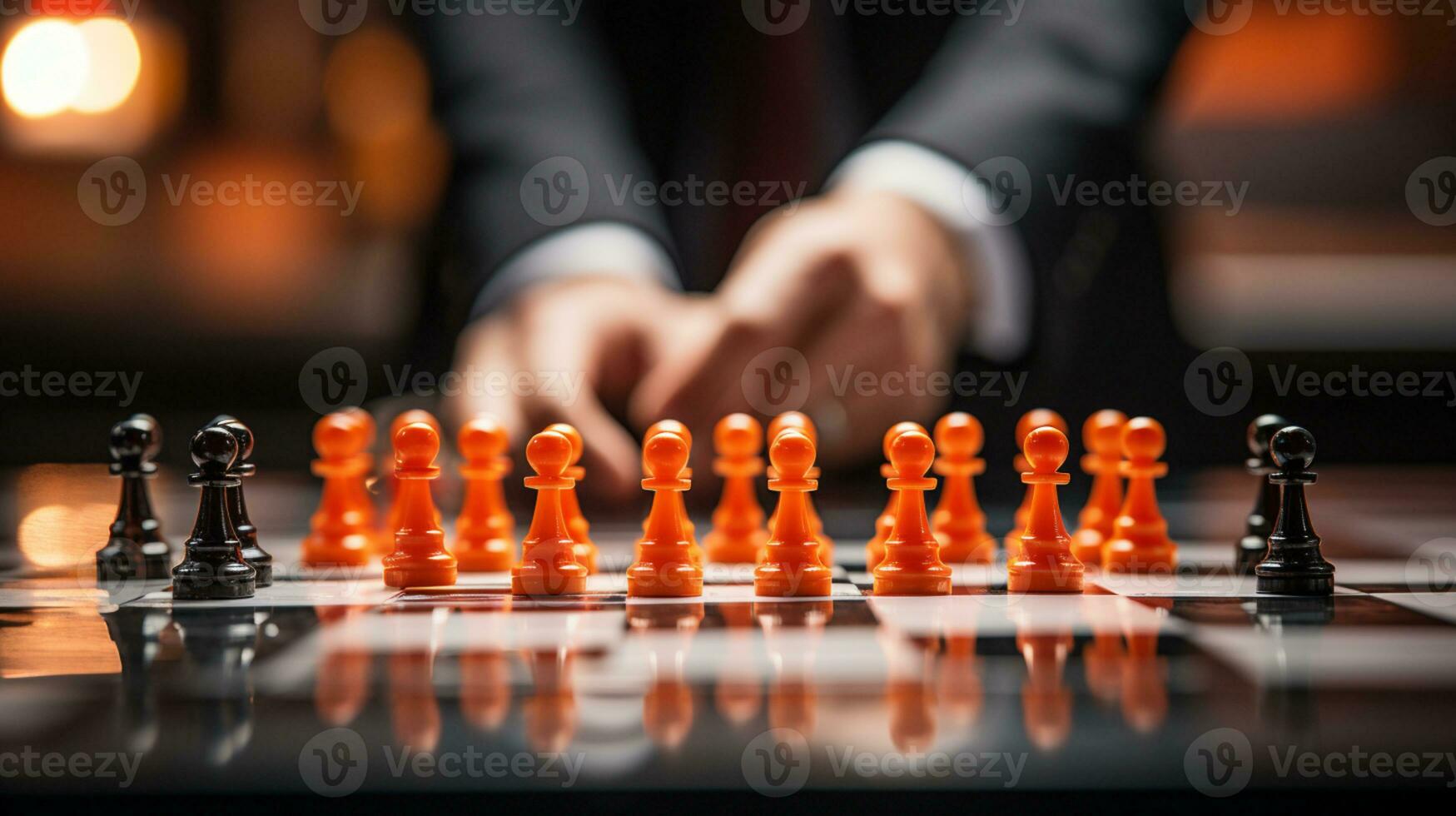 Geschäftsmann Steuerung Schach Spiel Konzept zum Ideen Geschäft Strategie Management, Entwicklung Neu Strategie planen, Führer und Zusammenarbeit, Planung zum Wettbewerb, ai generativ foto