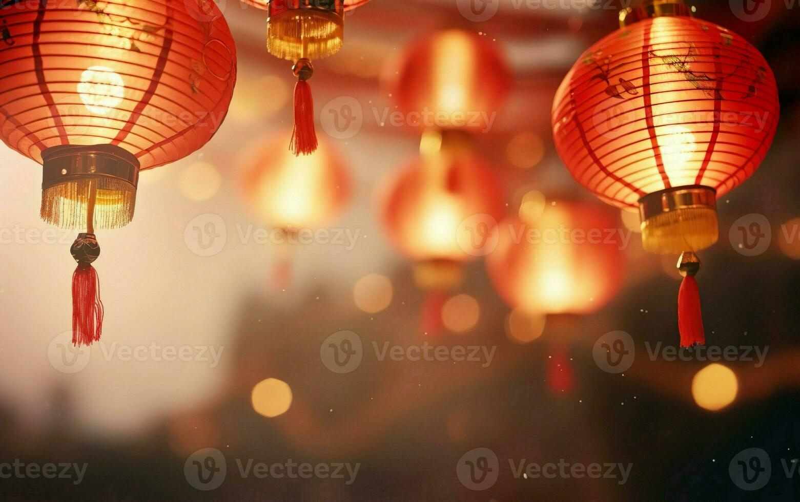 Chinesisch Neu Jahr Poster, fotorealistisch hängend rot Laternen, Kopieren Raum, Bokeh, de Fokus. ai generativ foto