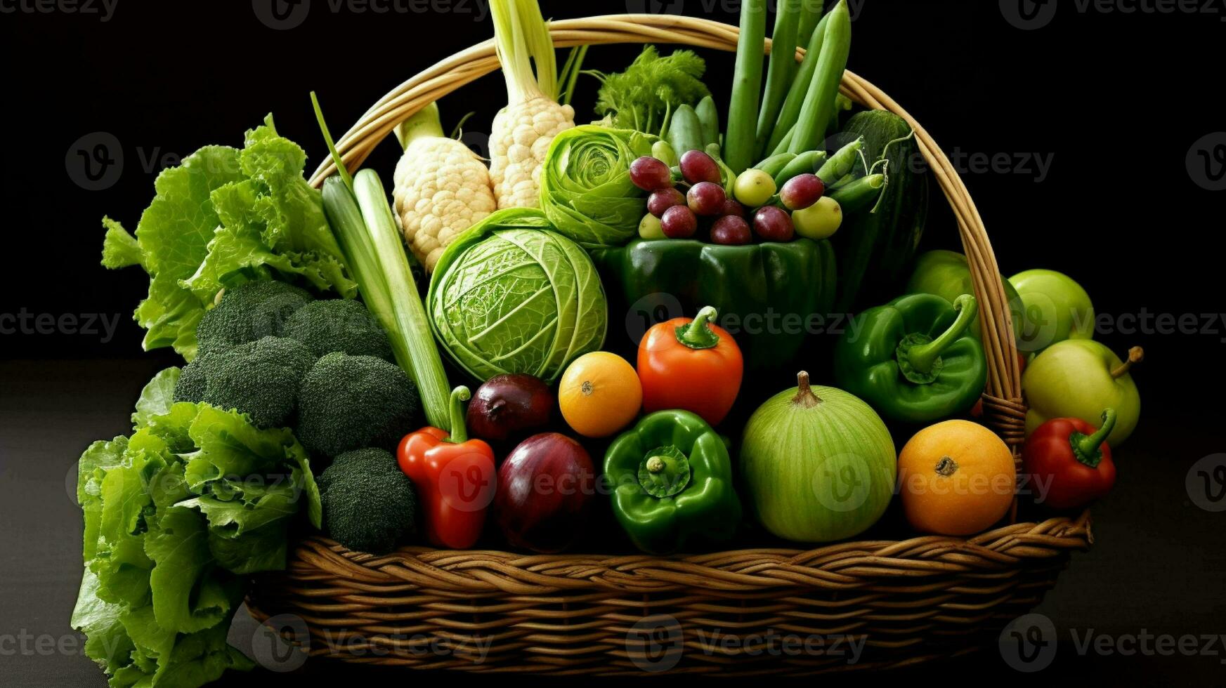 frisch Gemüse im ein hölzern Box auf ein schwarz Hintergrund generiert mit ai foto
