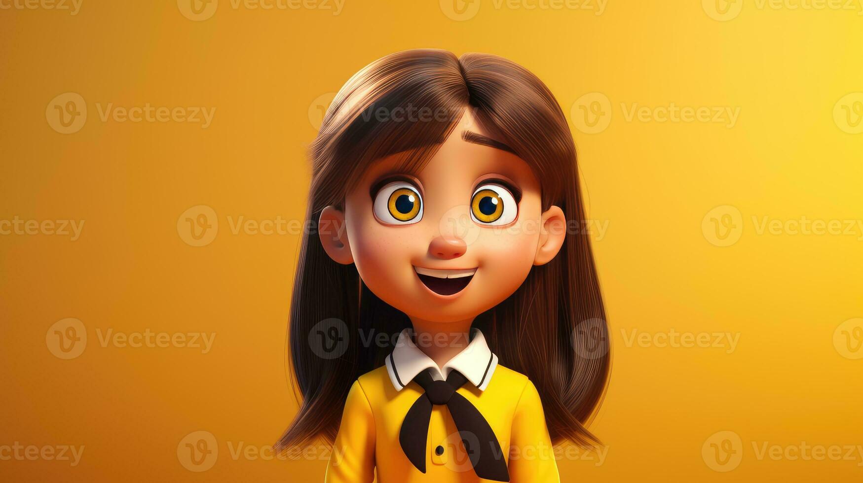 ai generiert süß wenig Mädchen im Schule Uniform mit Gelb Hintergrund, zurück zu Schule Konzept foto