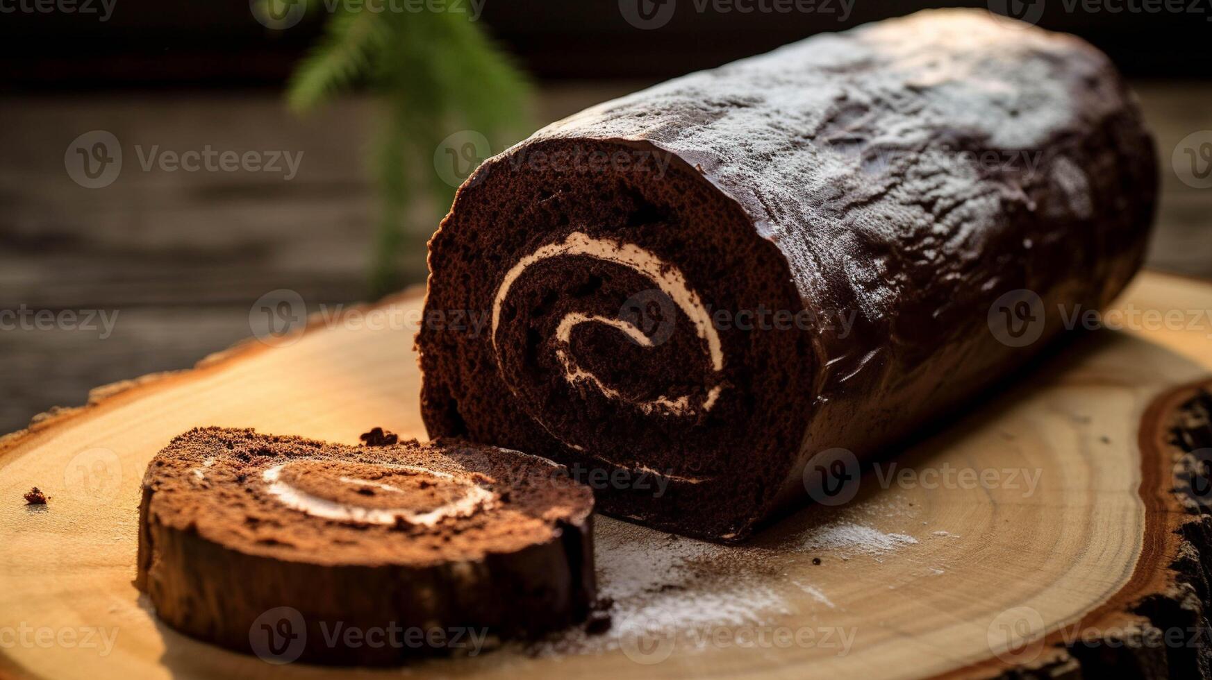 Schokolade rollen Kuchen auf ein hölzern Tafel generiert mit ai foto