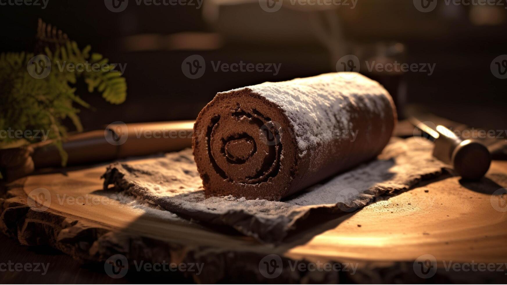 Schokolade rollen Kuchen auf ein hölzern Tafel generiert mit ai foto