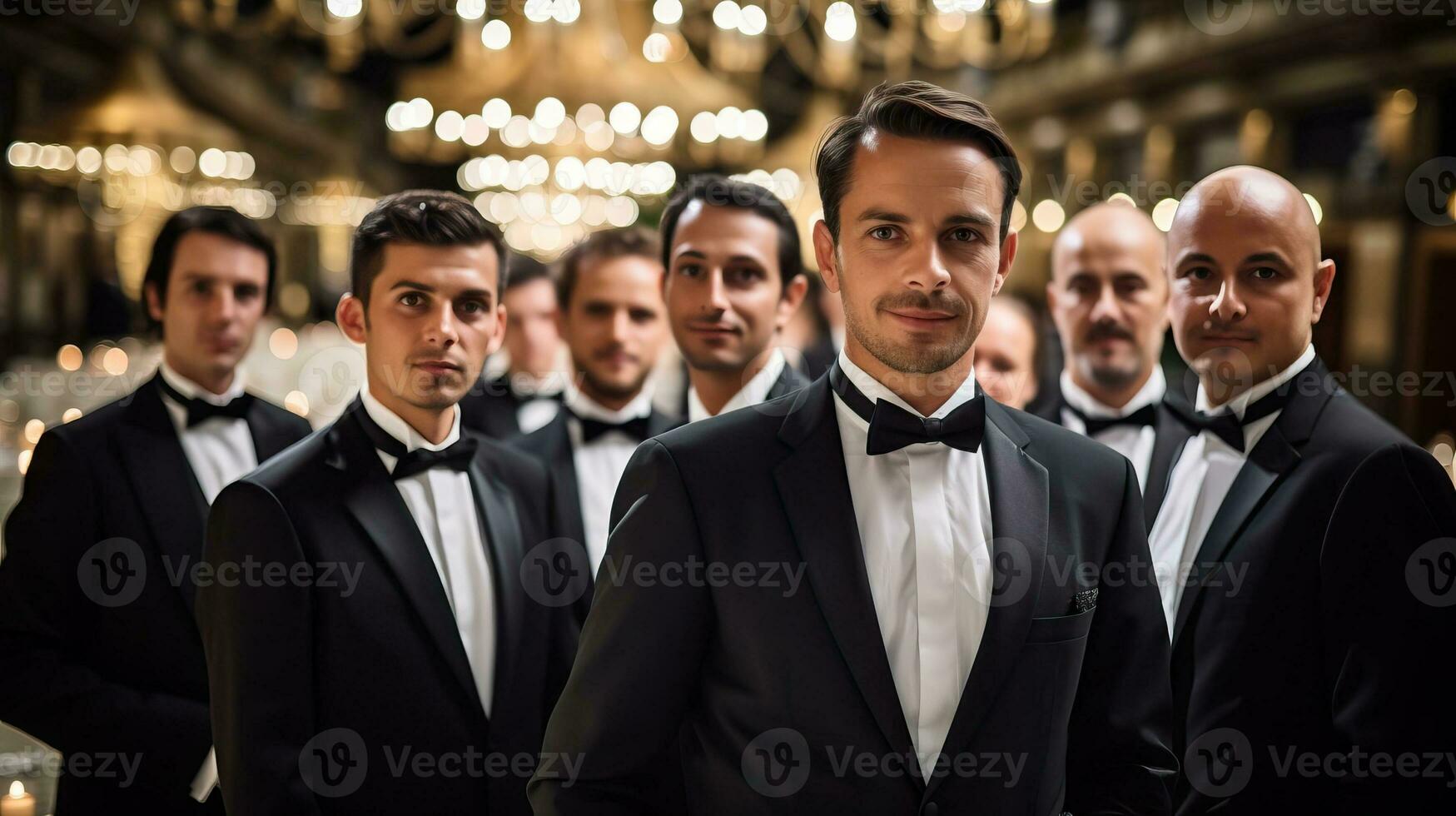 elegant Versammlung von Männer im Smokings. ai generiert. foto