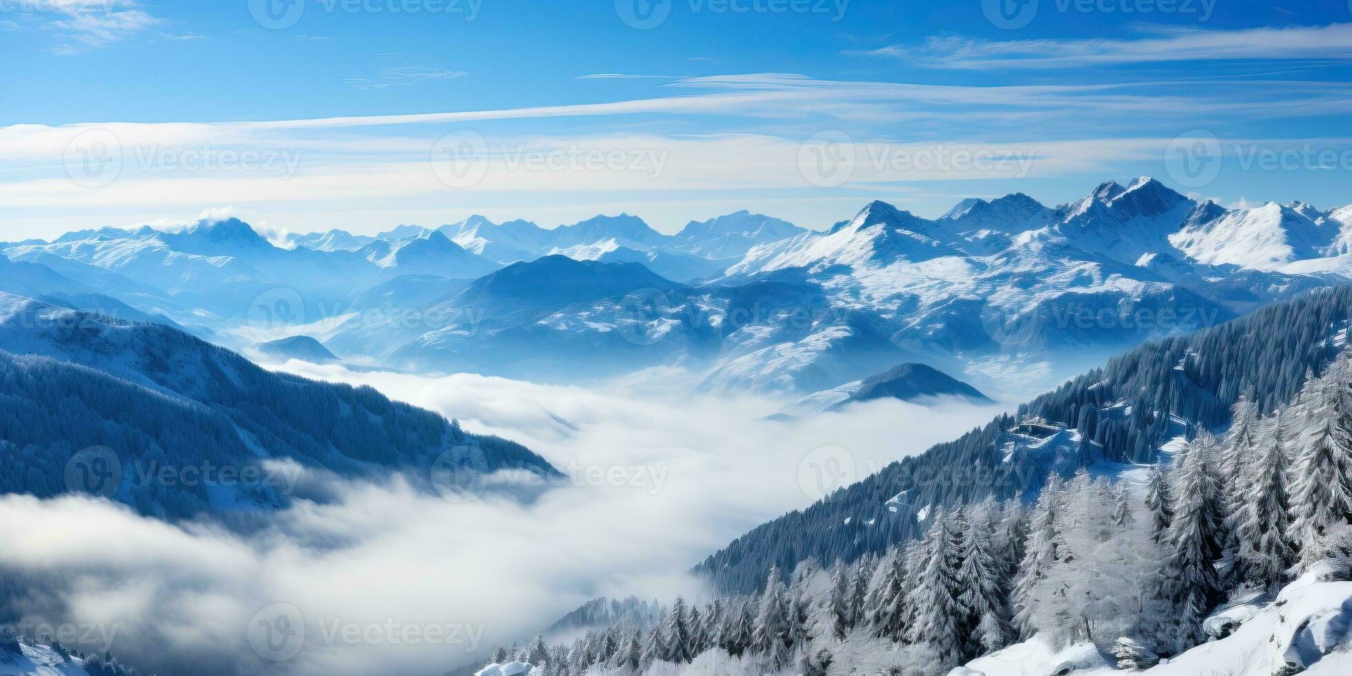 Panorama- Aussicht von das Berge im Winter, Alpen, Österreich. ai generiert. foto