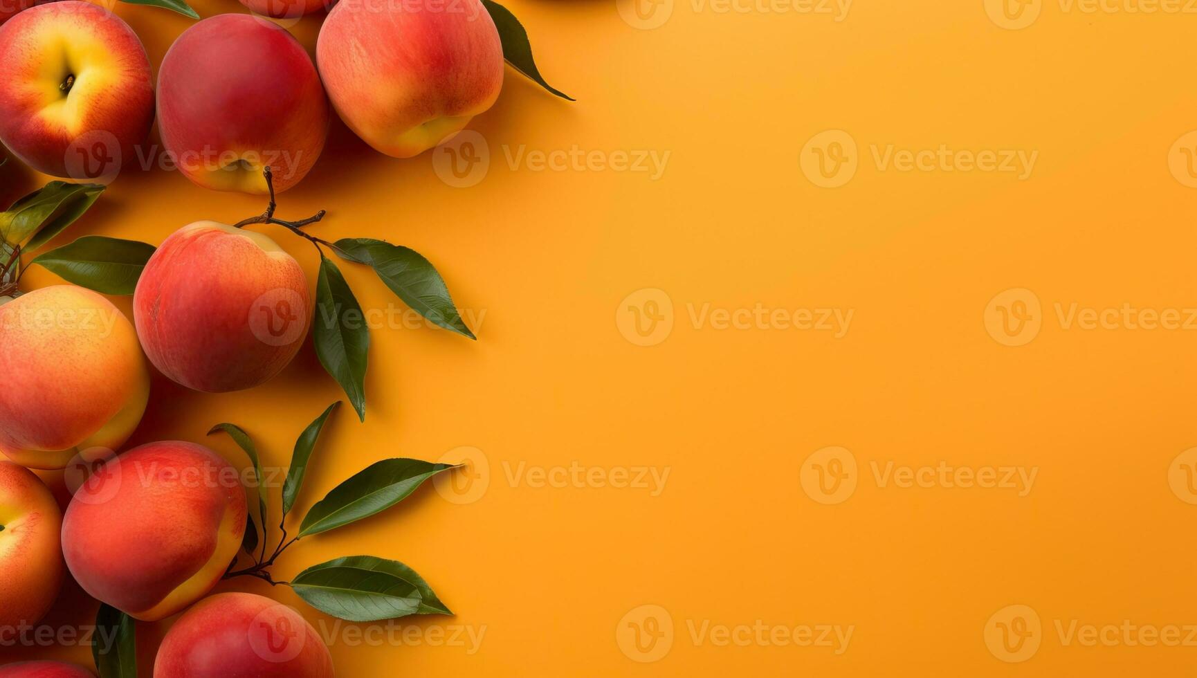 frisch Pfirsiche auf Orange Hintergrund. oben Sicht. Kopieren Raum. ai generiert. foto