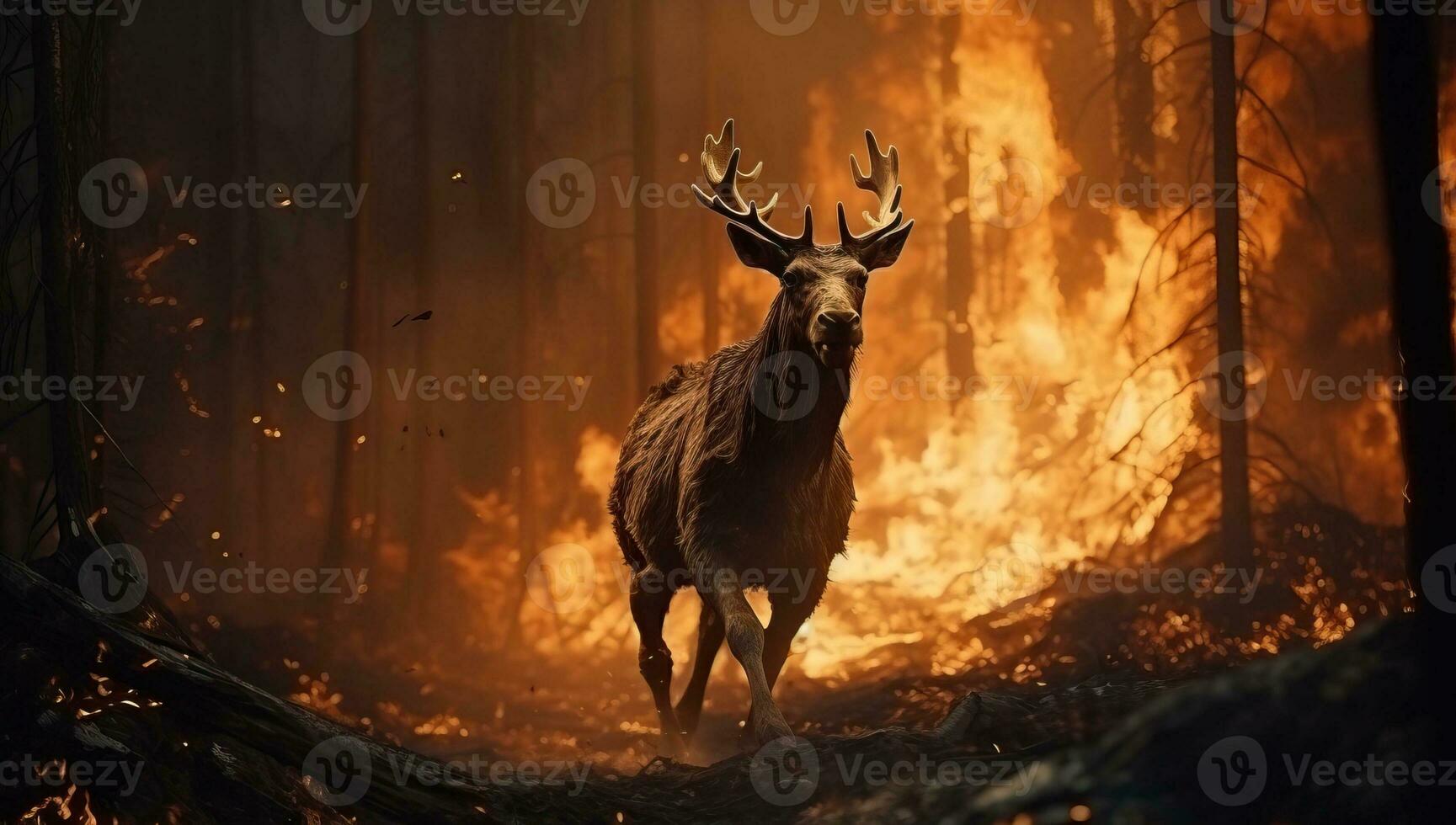 Hirsch im das Wald während ein Feuer. ai generiert. foto