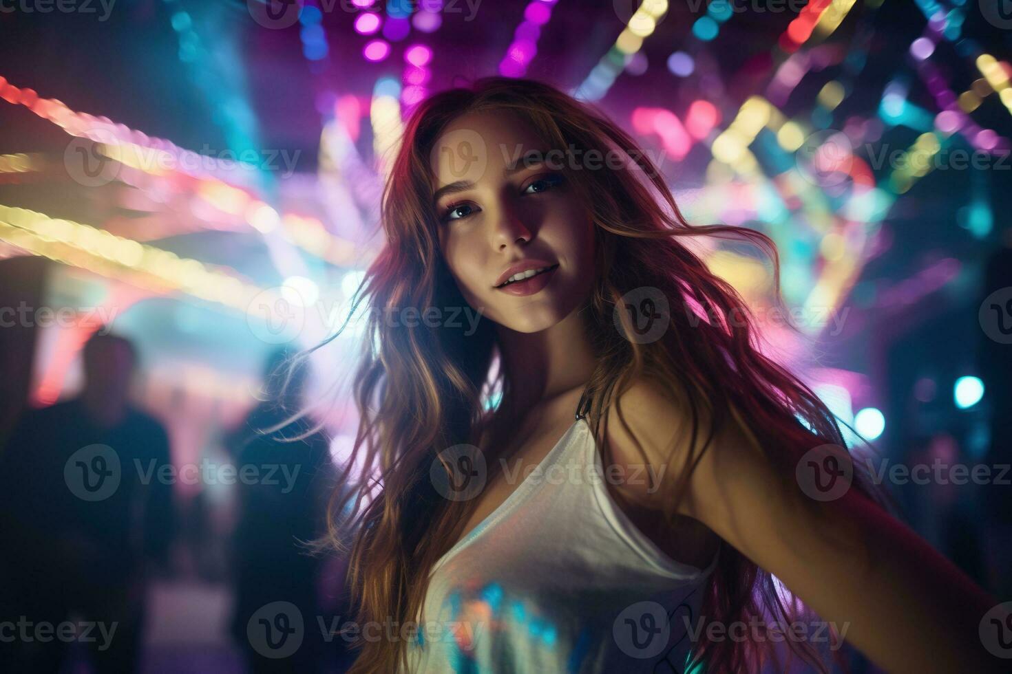 Porträt von jung schön Frau Tanzen im Nacht Verein mit Beleuchtung. ai generiert foto