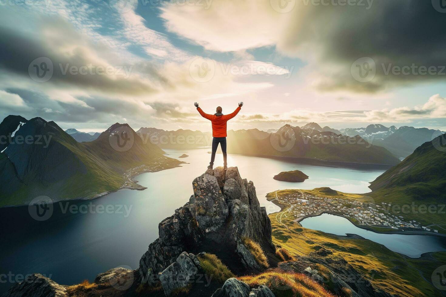 Mann Stehen auf das oben von ein Berg und genießen das Aussicht ai generiert foto