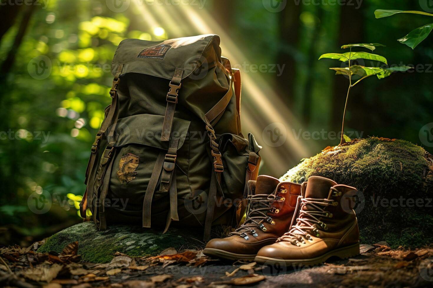 Wandern Stiefel und Rucksack im das Wald. Reise und Abenteuer Konzept ai generiert foto