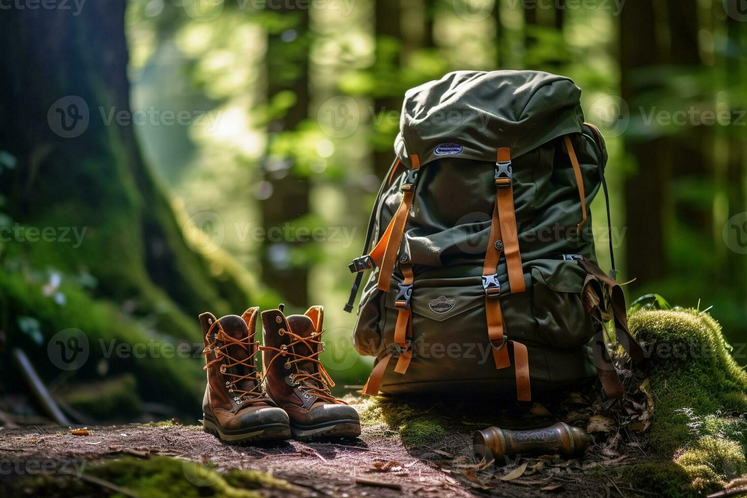 Wandern Stiefel und Rucksack im das Wald. Reise und Abenteuer Konzept ai generiert foto