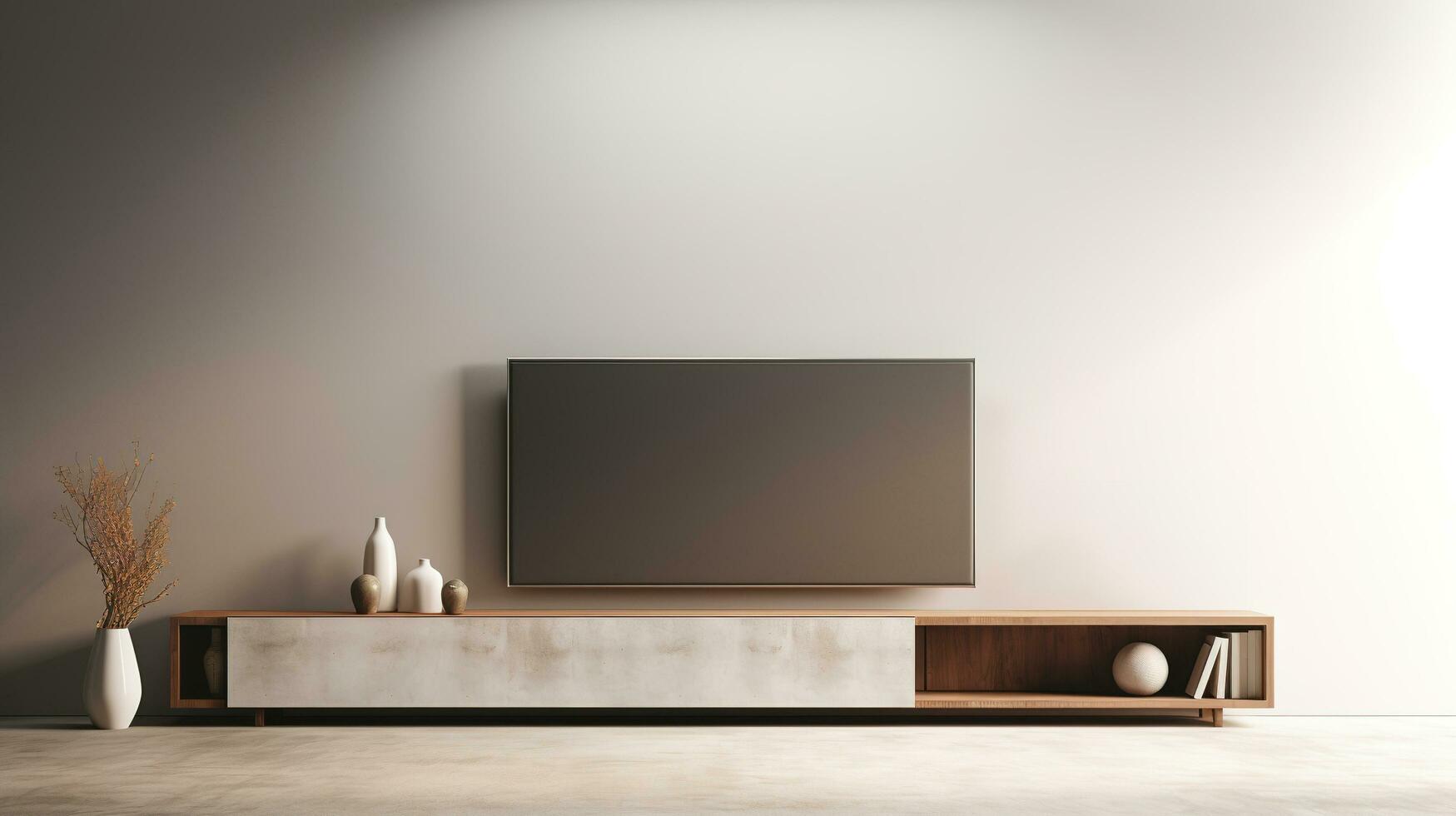 ai generiert generativ ai, Fernseher spotten oben im modern Leben Zimmer Hintergrund. zeitgenössisch Innere Design foto