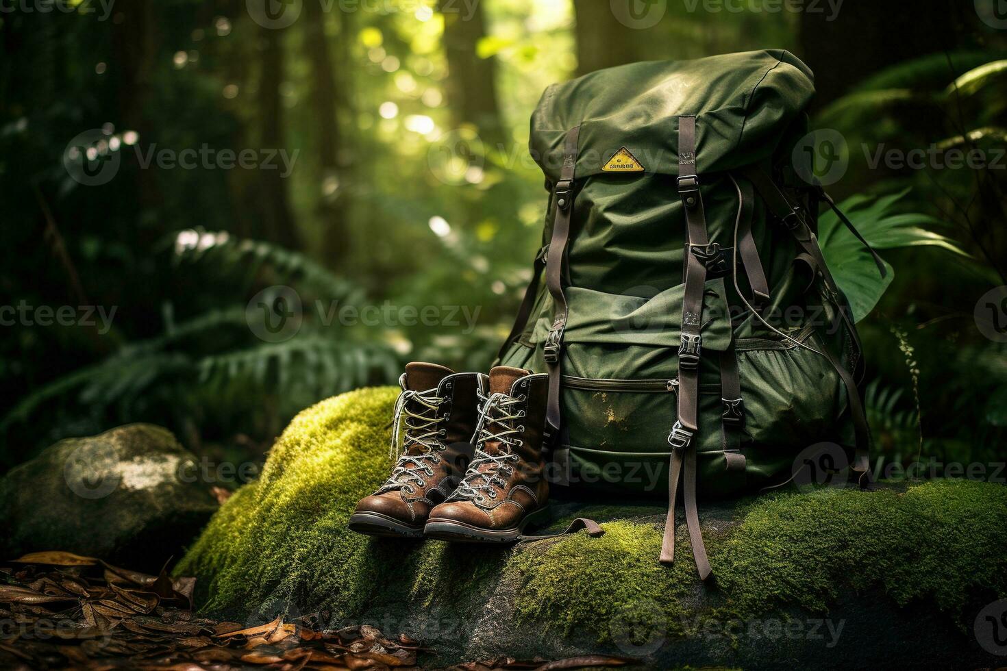 Wandern Stiefel und Rucksack im das Wald. Reise und Abenteuer Konzept ai generiert foto