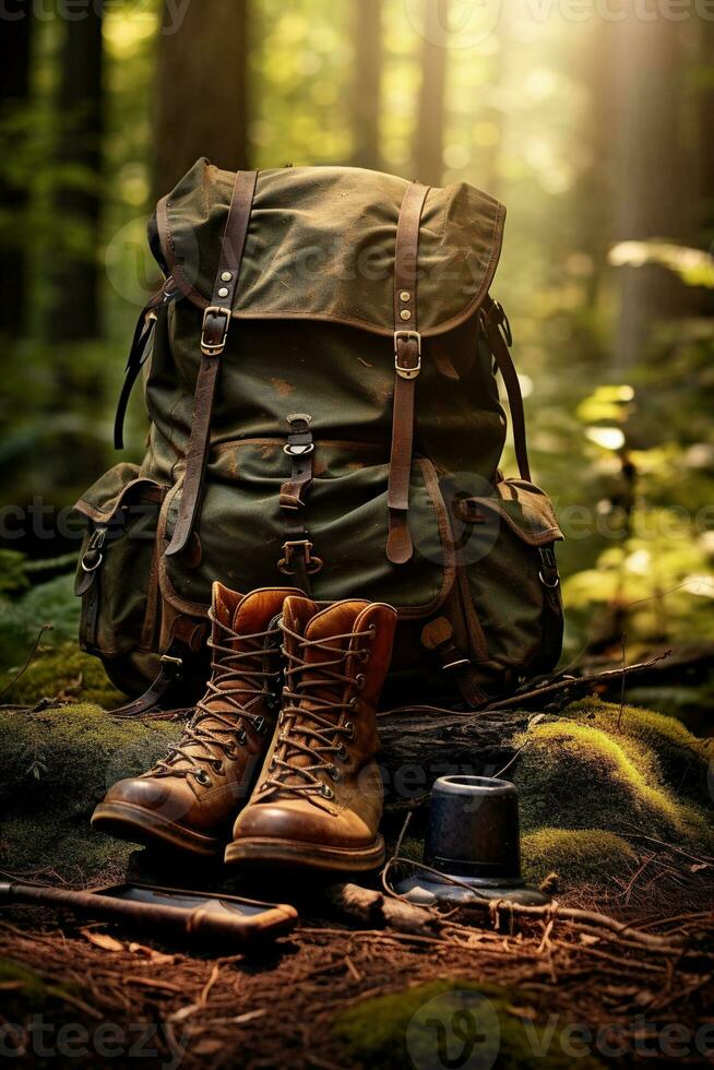 Wandern Stiefel und Rucksack im das Wald. Reise und Abenteuer Konzept ai generiert foto