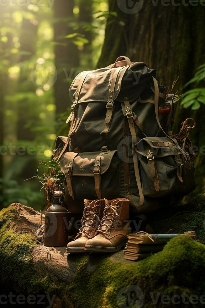 Wandern Stiefel und Rucksack im das Wald. Reise und Abenteuer Konzept ai generiert foto